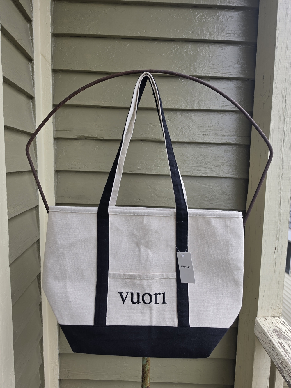 Vuori White and Black Canvas Tote with Front Pocket